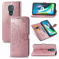 Embossing Imprint Mandala Flower Leather Wallet Case for Motorola Moto G9 Play - Rose Gold