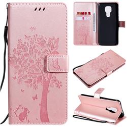 Embossing Butterfly Tree Leather Wallet Case for Motorola Moto G9 Play - Rose Pink