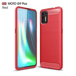 Luxury Carbon Fiber Brushed Wire Drawing Silicone TPU Back Cover for Motorola Moto G9 Plus - Red