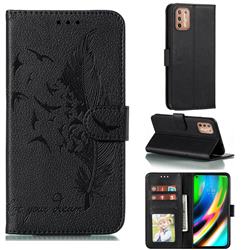 Intricate Embossing Lychee Feather Bird Leather Wallet Case for Motorola Moto G9 Plus - Black