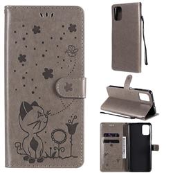 Embossing Bee and Cat Leather Wallet Case for Motorola Moto G9 Plus - Gray