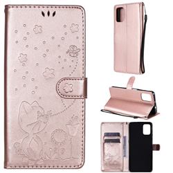 Embossing Bee and Cat Leather Wallet Case for Motorola Moto G9 Plus - Rose Gold