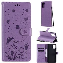 Embossing Bee and Cat Leather Wallet Case for Motorola Moto G9 Plus - Purple