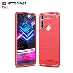 Luxury Carbon Fiber Brushed Wire Drawing Silicone TPU Back Cover for Motorola Moto G Fast - Red