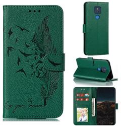 Intricate Embossing Lychee Feather Bird Leather Wallet Case for Motorola Moto G Play(2021) - Green