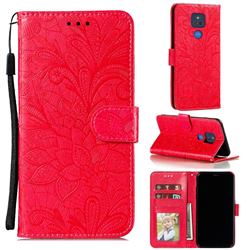 Intricate Embossing Lace Jasmine Flower Leather Wallet Case for Motorola Moto G Play(2021) - Red