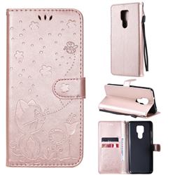 Embossing Bee and Cat Leather Wallet Case for Motorola Moto G Play(2021) - Rose Gold