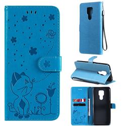 Embossing Bee and Cat Leather Wallet Case for Motorola Moto G Play(2021) - Blue