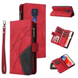 Luxury Two-color Stitching Multi-function Zipper Leather Wallet Case Cover for Motorola Moto G Play(2021) - Red