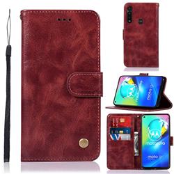 Luxury Retro Leather Wallet Case for Motorola Moto G Power - Wine Red