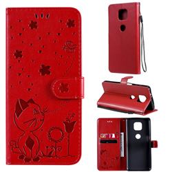 Embossing Bee and Cat Leather Wallet Case for Motorola Moto G Power 2021 - Red