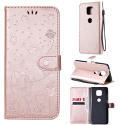 Embossing Bee and Cat Leather Wallet Case for Motorola Moto G Power 2021 - Rose Gold