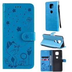 Embossing Bee and Cat Leather Wallet Case for Motorola Moto G Power 2021 - Blue