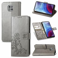 Embossing Imprint Four-Leaf Clover Leather Wallet Case for Motorola Moto G Power 2021 - Grey