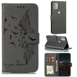 Intricate Embossing Lychee Feather Bird Leather Wallet Case for Motorola Moto G Stylus 2021 - Gray