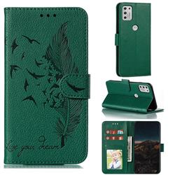 Intricate Embossing Lychee Feather Bird Leather Wallet Case for Motorola Moto G Stylus 2021 - Green