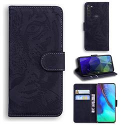 Intricate Embossing Tiger Face Leather Wallet Case for Motorola Moto G Stylus - Black