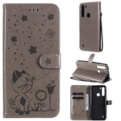 Embossing Bee and Cat Leather Wallet Case for Motorola Moto One Fusion - Gray