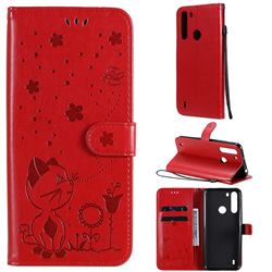 Embossing Bee and Cat Leather Wallet Case for Motorola Moto One Fusion - Red