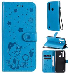 Embossing Bee and Cat Leather Wallet Case for Motorola Moto One Fusion - Blue