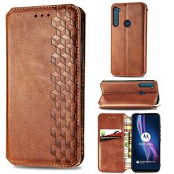 Ultra Slim Fashion Business Card Magnetic Automatic Suction Leather Flip Cover for Motorola Moto One Fusion Plus - Brown