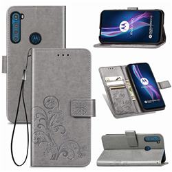 Embossing Imprint Four-Leaf Clover Leather Wallet Case for Motorola Moto One Fusion Plus - Grey