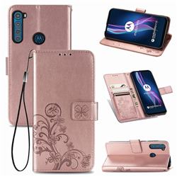 Embossing Imprint Four-Leaf Clover Leather Wallet Case for Motorola Moto One Fusion Plus - Rose Gold