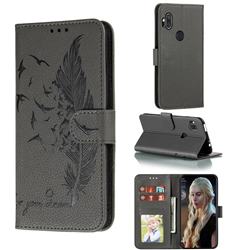 Intricate Embossing Lychee Feather Bird Leather Wallet Case for Motorola One Hyper - Gray