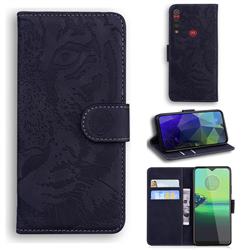 Intricate Embossing Tiger Face Leather Wallet Case for Motorola One Macro - Black