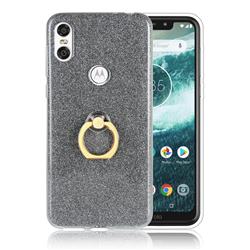 Luxury Soft TPU Glitter Back Ring Cover with 360 Rotate Finger Holder Buckle for Motorola One (P30 Play) - Black
