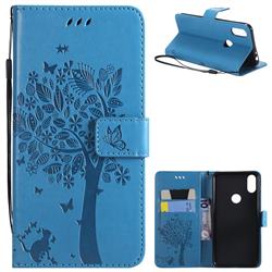 Embossing Butterfly Tree Leather Wallet Case for Motorola One (P30 Play) - Blue