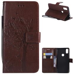 Embossing Butterfly Tree Leather Wallet Case for Motorola One (P30 Play) - Coffee