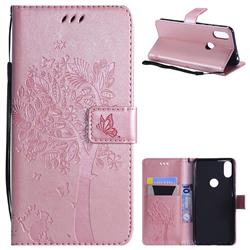 Embossing Butterfly Tree Leather Wallet Case for Motorola One (P30 Play) - Rose Pink