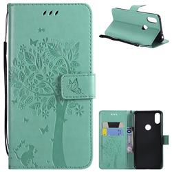 Embossing Butterfly Tree Leather Wallet Case for Motorola One (P30 Play) - Cyan