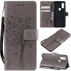 Embossing Butterfly Tree Leather Wallet Case for Motorola Moto P40 - Grey