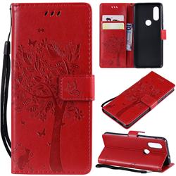 Embossing Butterfly Tree Leather Wallet Case for Motorola Moto P40 - Red