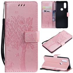 Embossing Butterfly Tree Leather Wallet Case for Motorola Moto P40 - Rose Pink