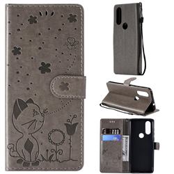 Embossing Bee and Cat Leather Wallet Case for Motorola Moto P40 - Gray