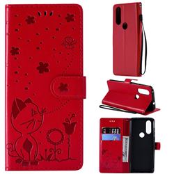 Embossing Bee and Cat Leather Wallet Case for Motorola Moto P40 - Red