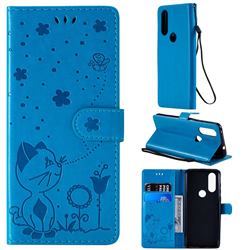 Embossing Bee and Cat Leather Wallet Case for Motorola Moto P40 - Blue