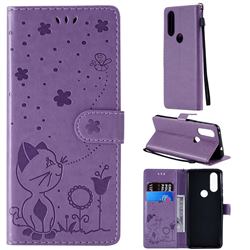 Embossing Bee and Cat Leather Wallet Case for Motorola Moto P40 - Purple