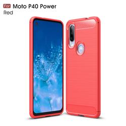 Luxury Carbon Fiber Brushed Wire Drawing Silicone TPU Back Cover for Motorola Moto P40 Power - Red