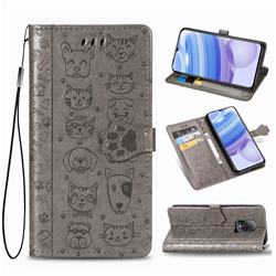 Embossing Dog Paw Kitten and Puppy Leather Wallet Case for Xiaomi Redmi 10X Pro 5G - Gray