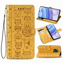 Embossing Dog Paw Kitten and Puppy Leather Wallet Case for Xiaomi Redmi 10X Pro 5G - Yellow