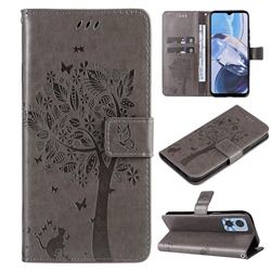 Embossing Butterfly Tree Leather Wallet Case for Motorola Moto E22 - Grey