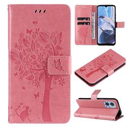 Embossing Butterfly Tree Leather Wallet Case for Motorola Moto E22 - Pink