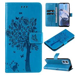 Embossing Butterfly Tree Leather Wallet Case for Motorola Moto E22 - Blue