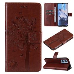 Embossing Butterfly Tree Leather Wallet Case for Motorola Moto E22 - Coffee