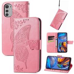 Embossing Mandala Flower Butterfly Leather Wallet Case for Motorola Moto E32 - Pink