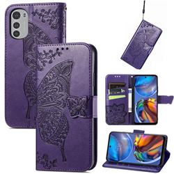 Embossing Mandala Flower Butterfly Leather Wallet Case for Motorola Moto E32 - Dark Purple